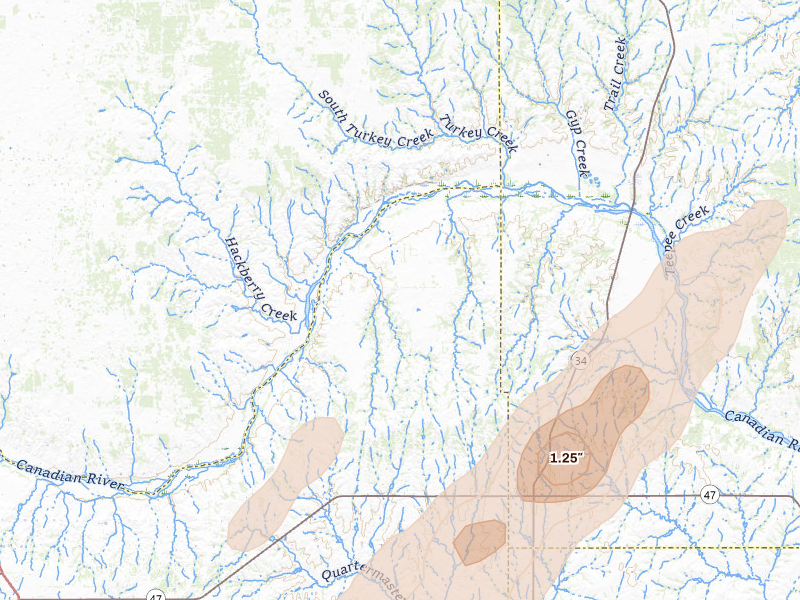 Radar-estimated hail-size map of the storm over Leedey, OK on Mar 5, 2026