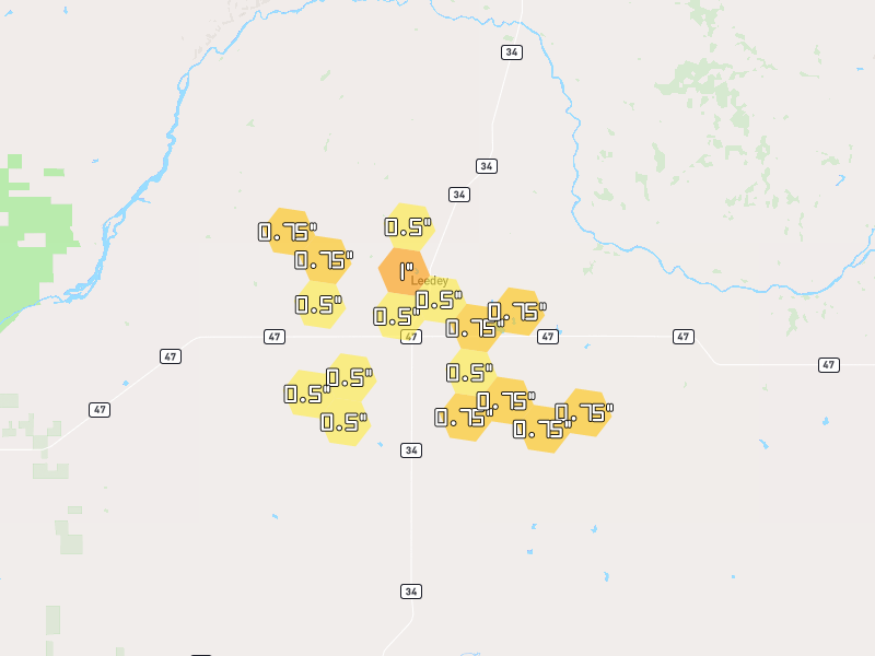 Hail map of Leedey, OK on Jun 26, 2026, hail up to 1"
