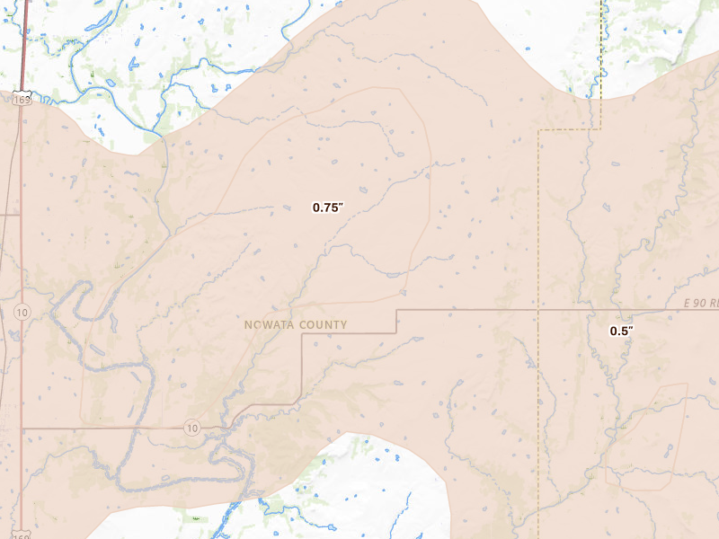 Radar-estimated hail-size map of the storm over Lenapah, OK on Apr 23, 2026
