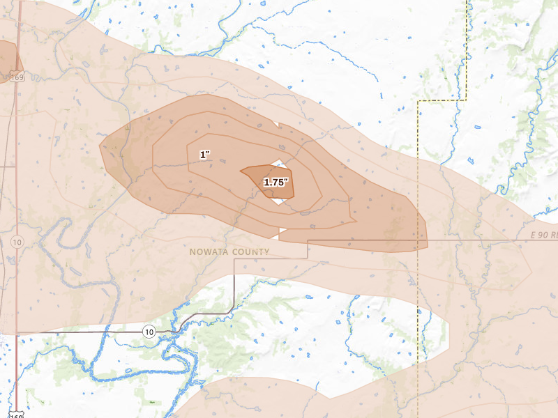 Radar-estimated hail-size map of the storm over Lenapah, OK on Apr 25, 2026