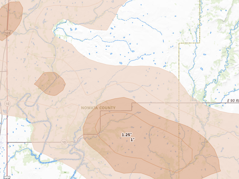 Radar-estimated hail-size map of the storm over Lenapah, OK on Jun 26, 2026