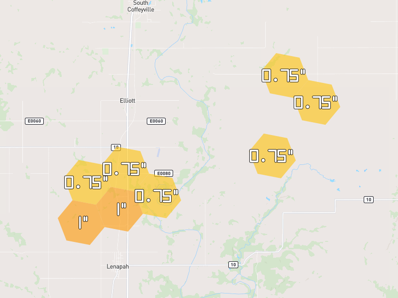 Hail map of Lenapah, OK on Jun 26, 2026, hail up to 1"