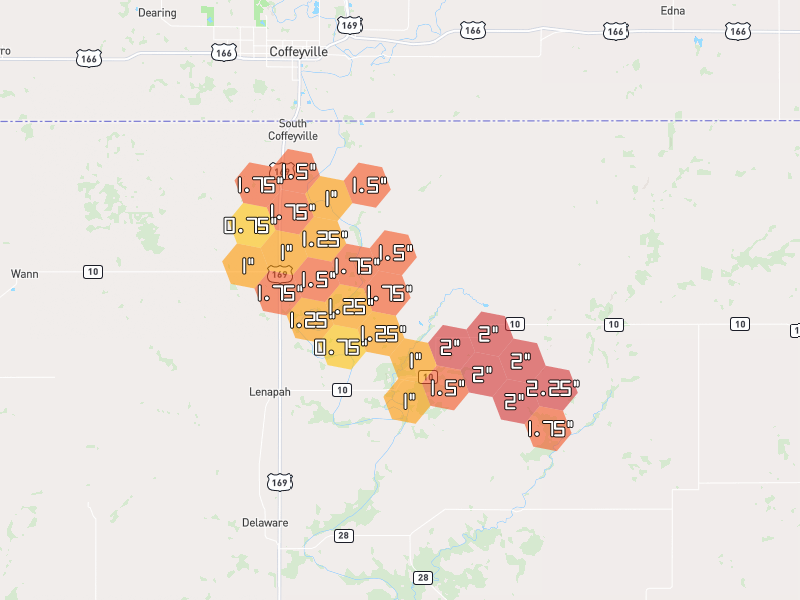 Hail map of Lenapah, OK on Jun 27, 2026, hail up to 2.25"