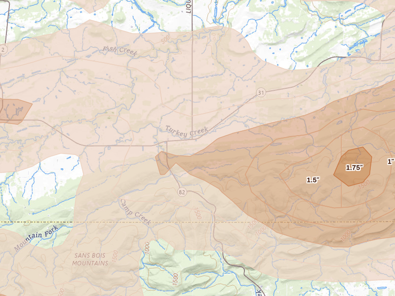 Radar-estimated hail-size map of the storm over Lequire, OK on Apr 28, 2026