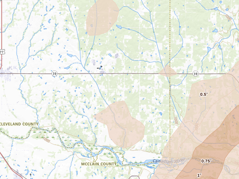 Radar-estimated hail-size map of the storm over Lexington, OK on Mar 6, 2026