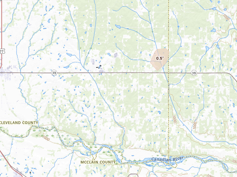 Radar-estimated hail-size map of the storm over Lexington, OK on Mar 10, 2026