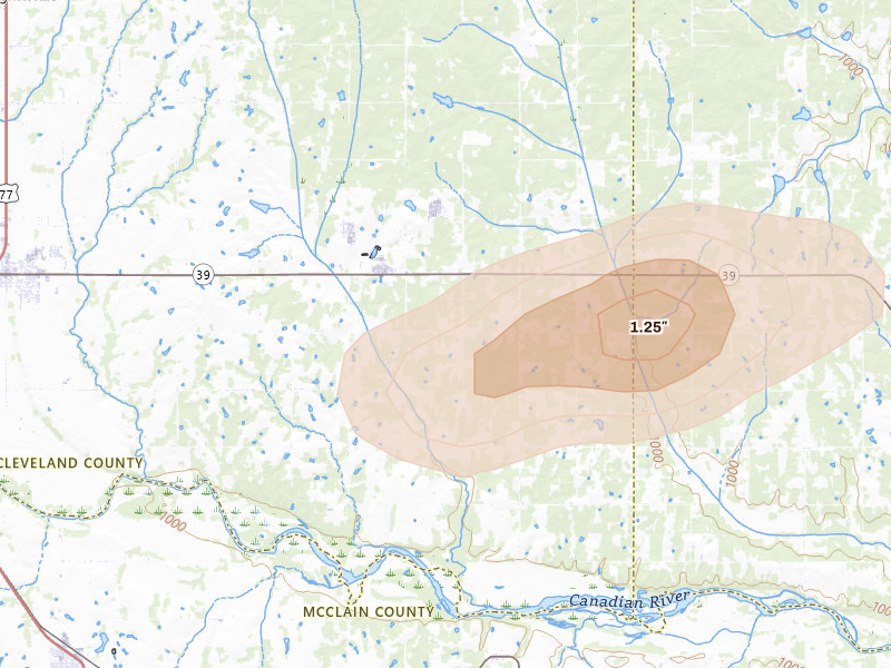 Radar-estimated hail-size map of the storm over Lexington, OK on Apr 24, 2026
