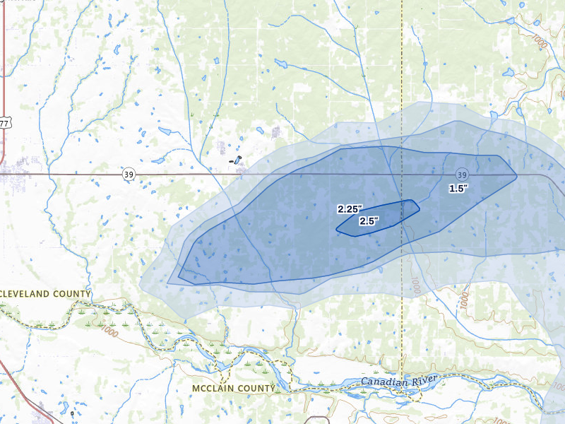 NEXRAD radar-signature map of the hail over Lexington, OK