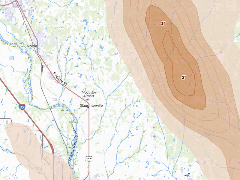 Radar-estimated hail-size map of the storm over Lexington, OK on May 8, 2026