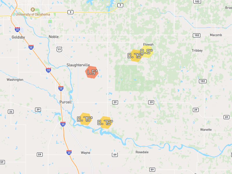 Hail map of Lexington, OK on Jul 5, 2026, hail up to 1.5"