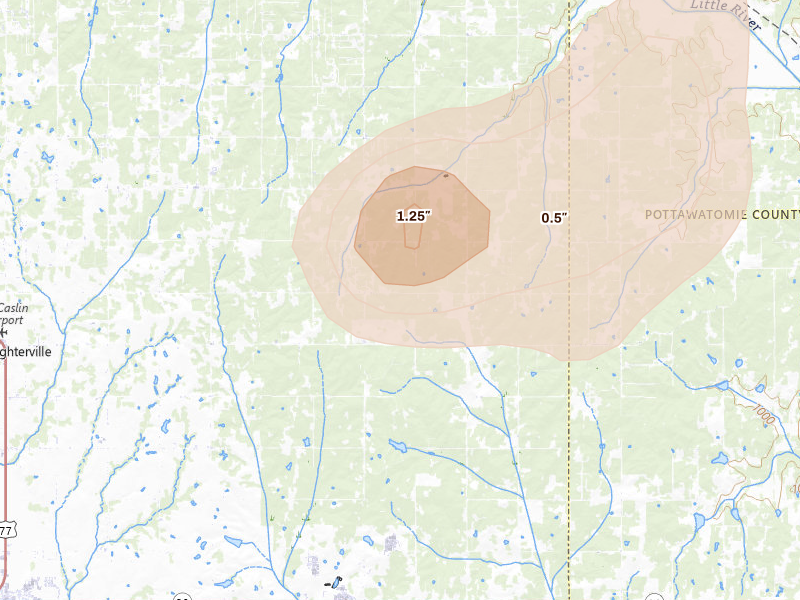 Radar-estimated hail-size map of the storm over Lexington, OK on Aug 21, 2026