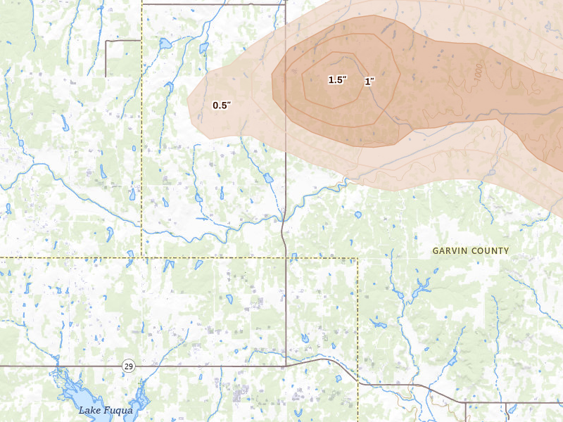 Radar-estimated hail-size map of the storm over Lindsay, OK on Apr 24, 2026