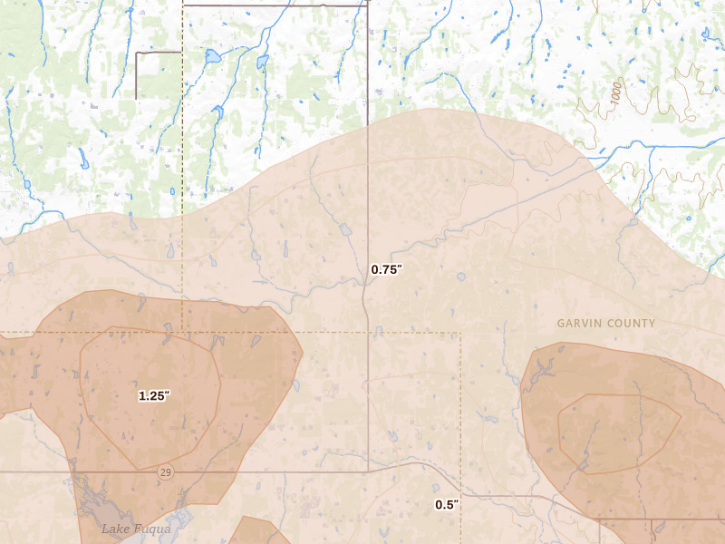 Radar-estimated hail-size map of the storm over Lindsay, OK on Apr 25, 2026