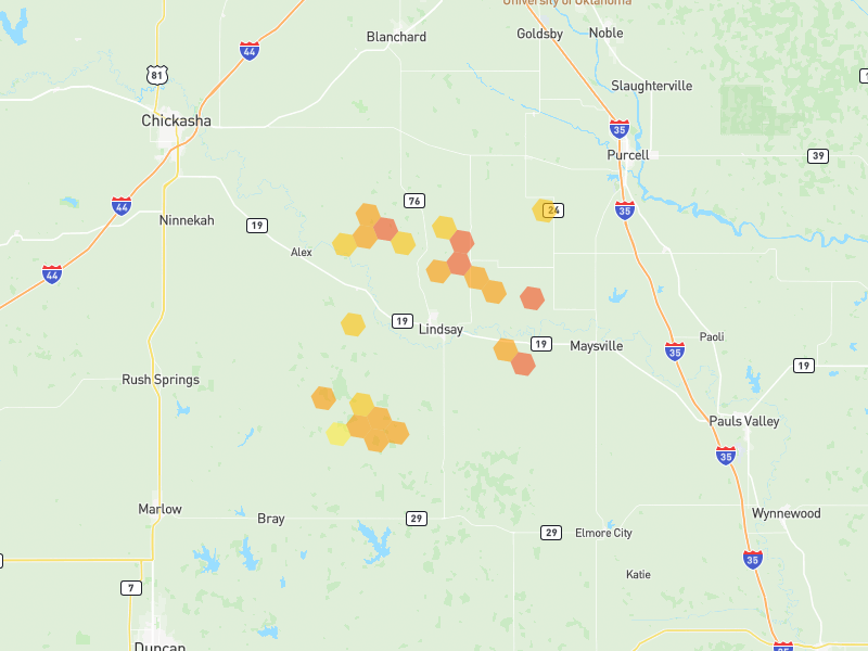 Hail map of Lindsay, OK on Jul 5, 2026, hail up to 1.75"