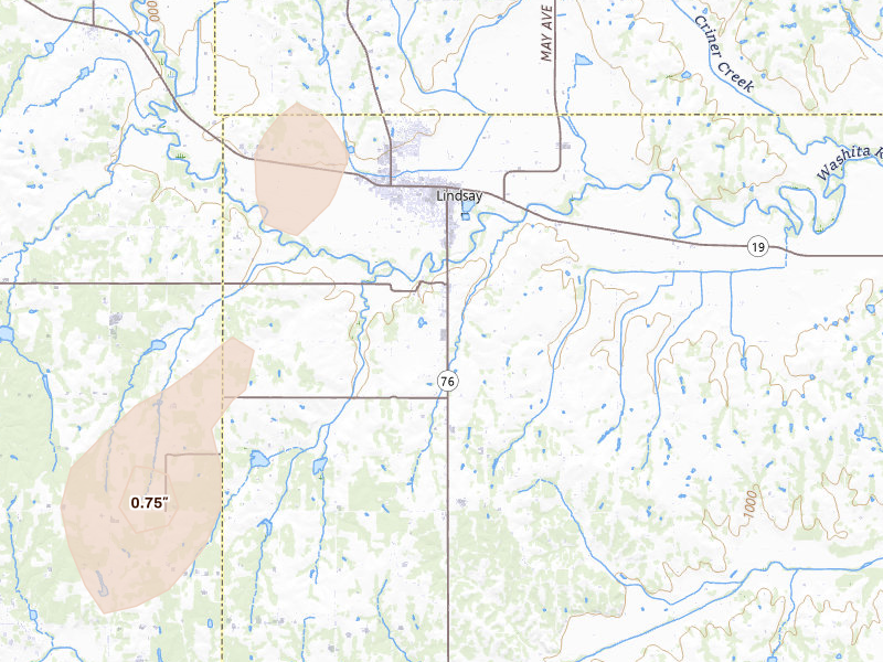 Radar-estimated hail-size map of the storm over Lindsay, OK on Aug 7, 2026