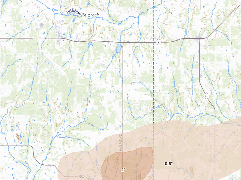 Radar-estimated hail-size map of the storm over Loco, OK on Apr 25, 2026