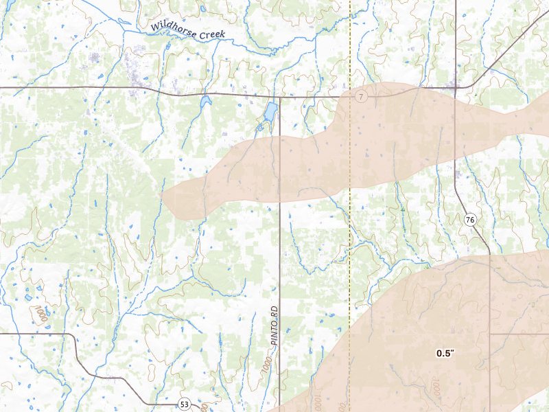 Radar-estimated hail-size map of the storm over Loco, OK on Apr 28, 2026