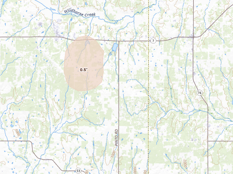 Radar-estimated hail-size map of the storm over Loco, OK on May 22, 2026