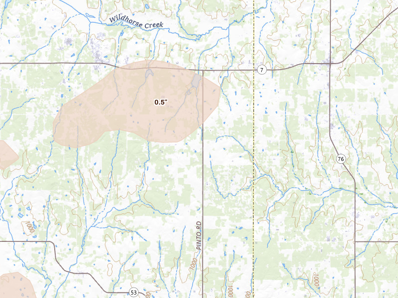 Radar-estimated hail-size map of the storm over Loco, OK on Jun 18, 2026