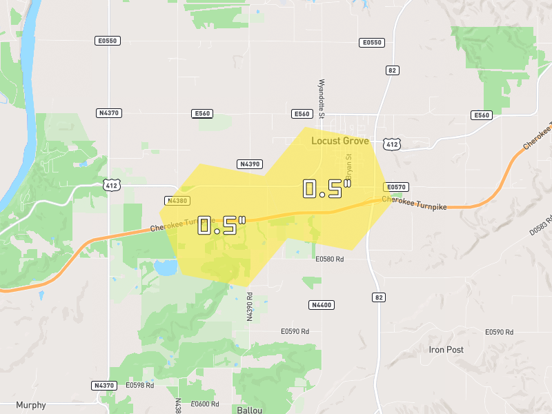 Hail map of Locust Grove, OK on Jun 2, 2026, hail up to 0.5"