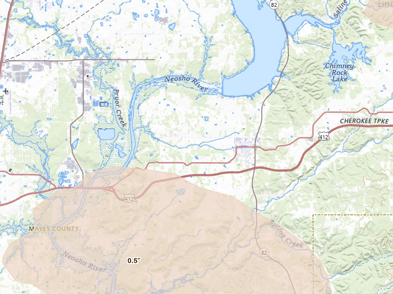Radar-estimated hail-size map of the storm over Locust Grove, OK on Jun 11, 2026