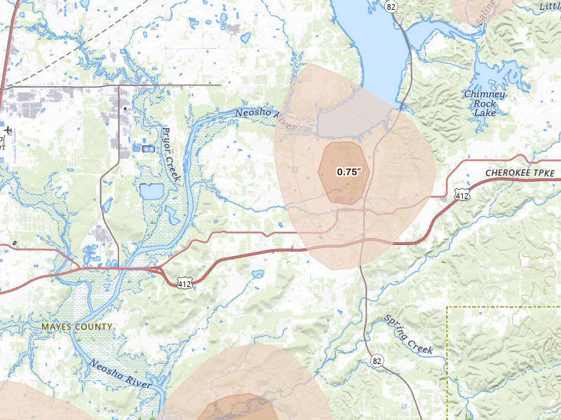 Radar-estimated hail-size map of the storm over Locust Grove, OK on Jul 11, 2026