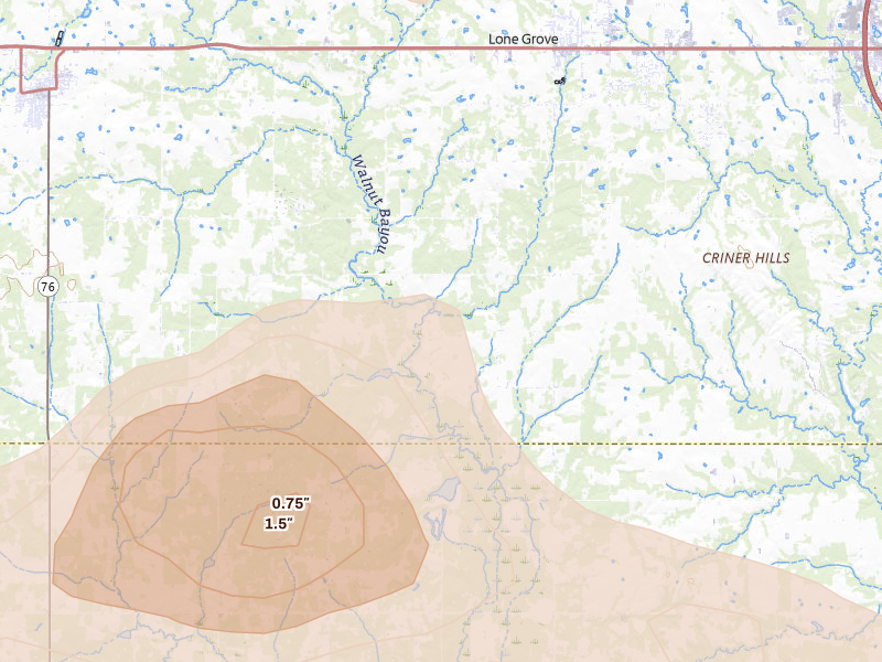 Radar-estimated hail-size map of the storm over Lone Grove, OK on Apr 25, 2026
