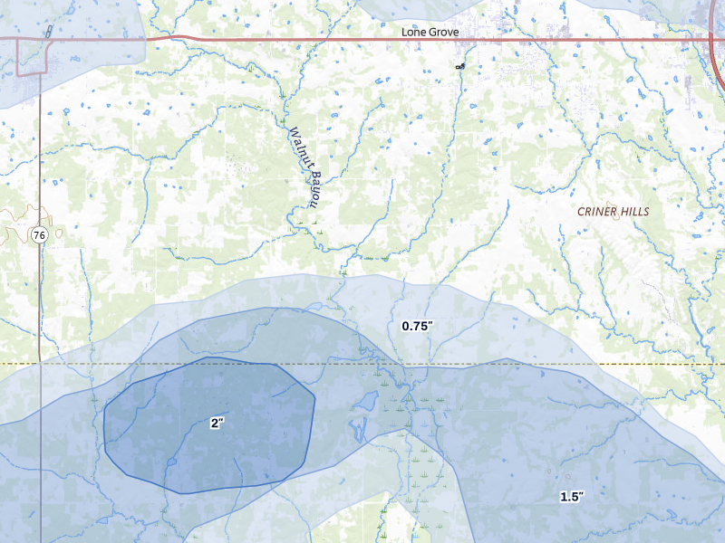 NEXRAD radar-signature map of the hail storm over Lone Grove, OK on Apr 25, 2026