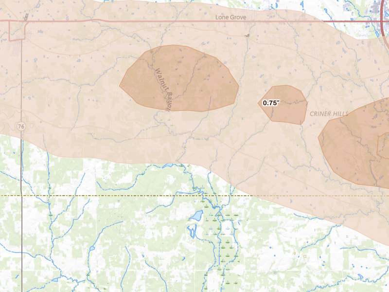 Radar-estimated hail-size map of the storm over Lone Grove, OK on Apr 28, 2026
