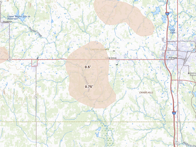 Radar-estimated hail-size map of the storm over Lone Grove, OK on Sep 21, 2026
