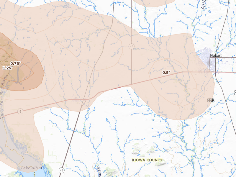 Radar-estimated hail-size map of the storm over Lone Wolf, OK on Jul 4, 2026