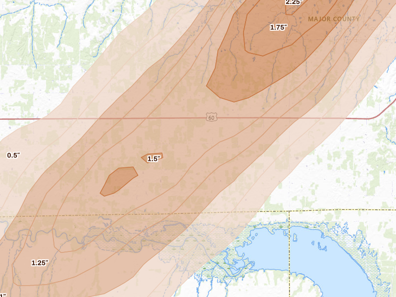 Radar-estimated hail-size map of the storm over Longdale, OK on Mar 5, 2026