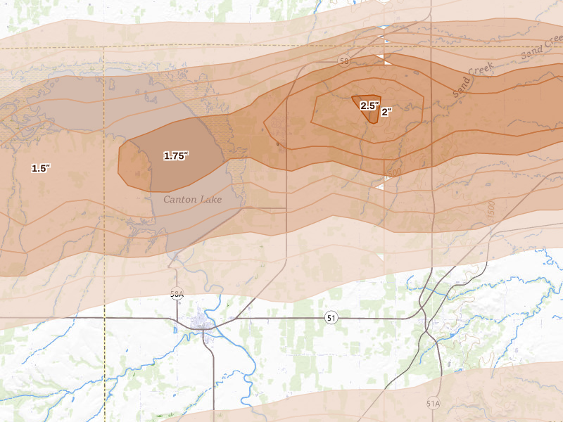 Radar-estimated hail-size map of the storm over Longdale, OK on Apr 17, 2026