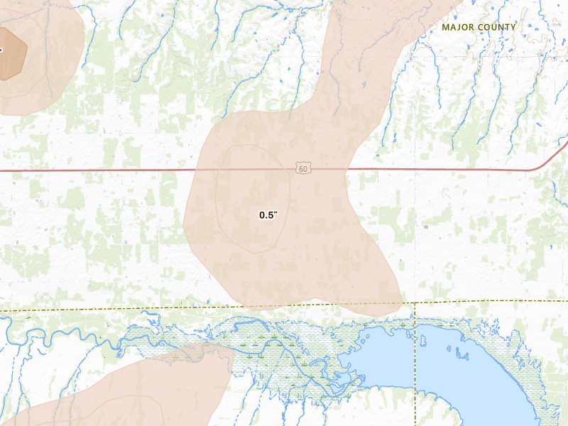 Radar-estimated hail-size map of the storm over Longdale, OK on May 22, 2026