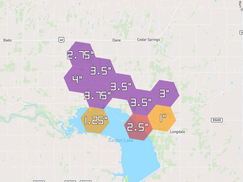 Hail map of Longdale, OK on Jun 1, 2026, hail up to 4"