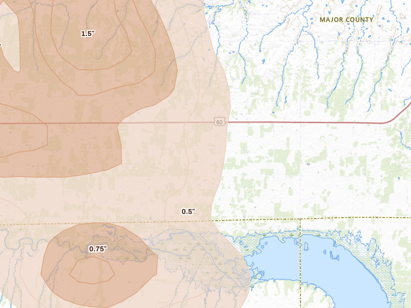 Radar-estimated hail-size map of the storm over Longdale, OK on Jul 4, 2026