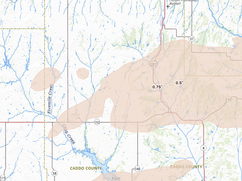 Radar-estimated hail-size map of the storm over Lookeba, OK on Apr 3, 2026