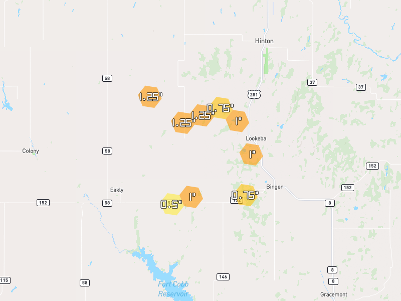 Hail map of Lookeba, OK on Jul 5, 2026, hail up to 1.25"