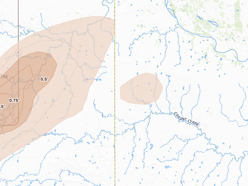 Radar-estimated hail-size map of the storm over Loyal, OK on Apr 1, 2026