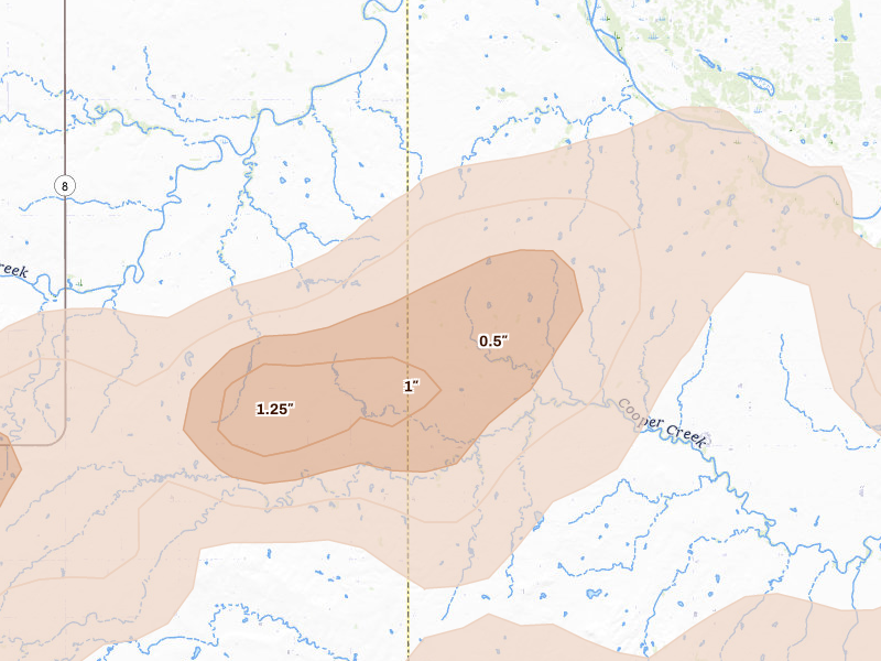 Radar-estimated hail-size map of the storm over Loyal, OK on Jun 26, 2026