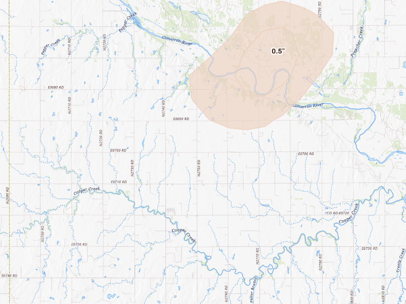 Radar-estimated hail-size map of the storm over Loyal, OK on Sep 12, 2026