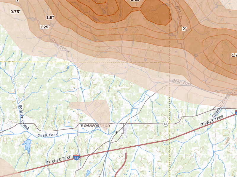 Radar-estimated hail-size map of the storm over Luther, OK on Jun 26, 2026
