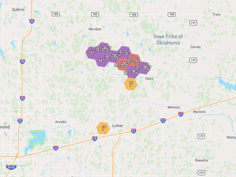 Hail map of Luther, OK on Jun 27, 2026, hail up to 4"