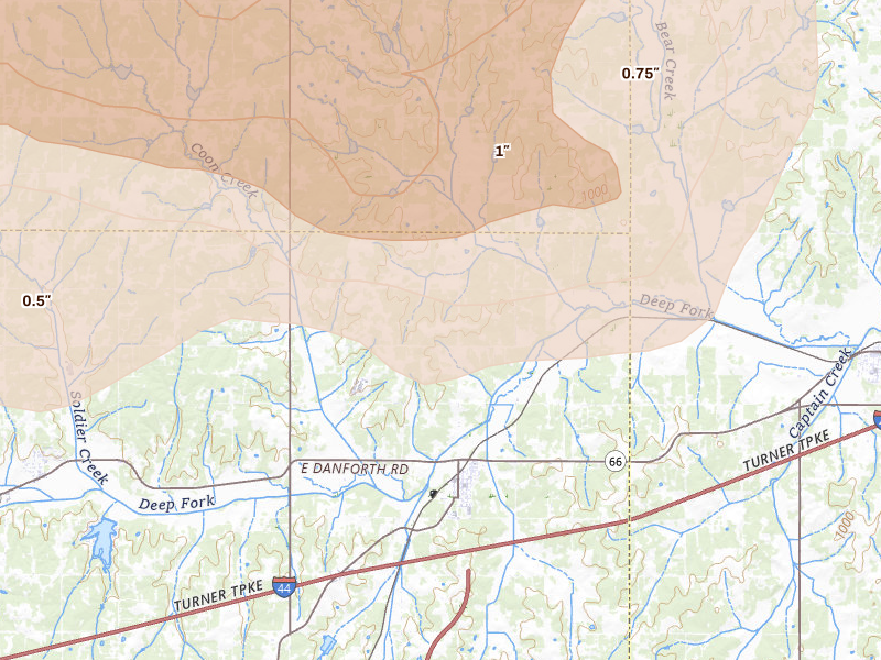 Radar-estimated hail-size map of the storm over Luther, OK on Jul 4, 2026