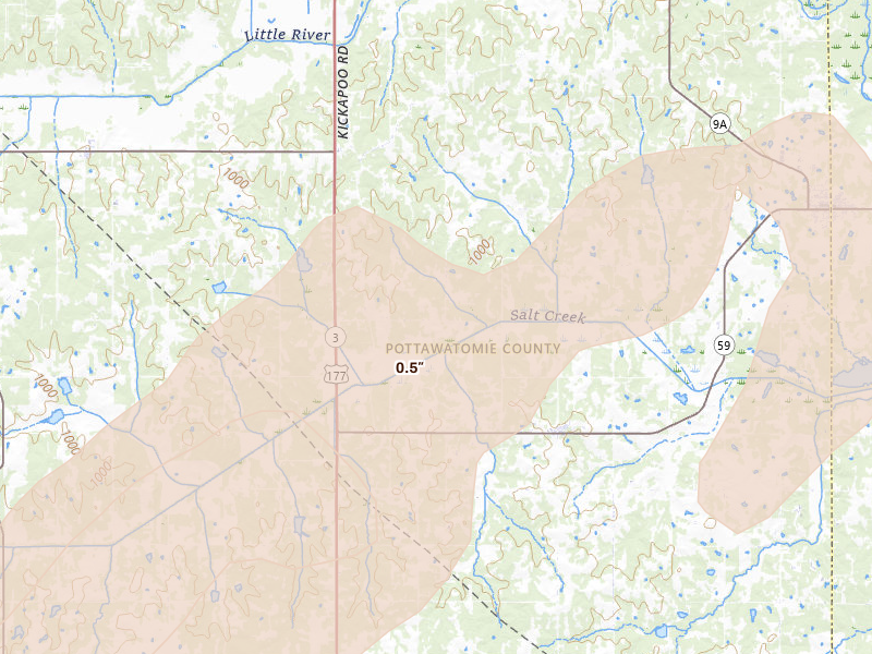 Radar-estimated hail-size map of the storm over Macomb, OK on Mar 6, 2026