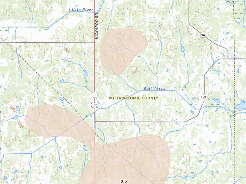 Radar-estimated hail-size map of the storm over Macomb, OK on Jul 4, 2026
