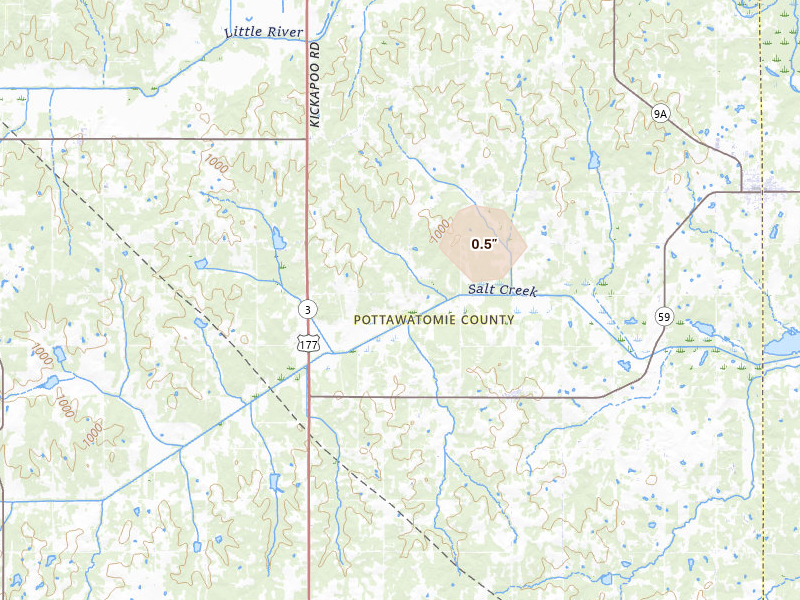 Radar-estimated hail-size map of the storm over Macomb, OK on Jul 14, 2026