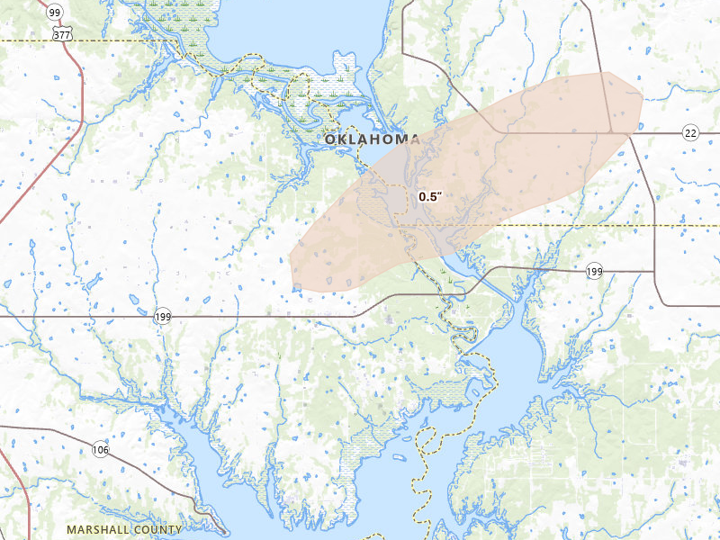 Radar-estimated hail-size map of the storm over Madill, OK on Mar 4, 2026