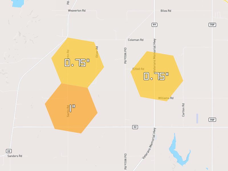 Hail map of Madill, OK on Jun 6, 2026, hail up to 1"