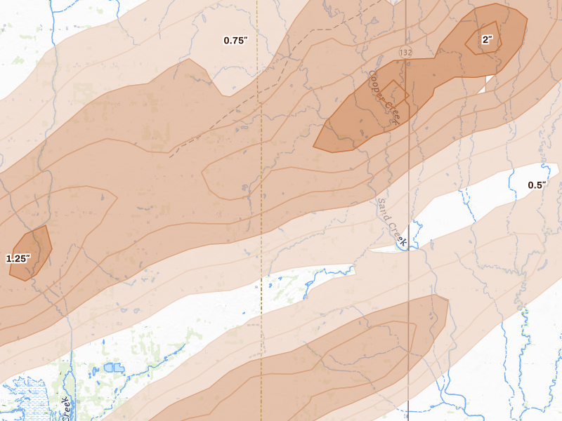 Radar-estimated hail-size map of the storm over Manchester, OK on Apr 17, 2026